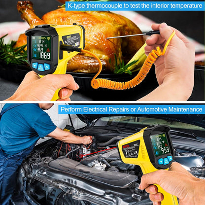 MESTEK Infrared Thermometer Temperature Gun with K Probe Non-Contact Laser Digital Thermometer -58℉~1472℉(-50℃~800℃) Color LCD Screen Adjustable Emissivity Humidity Cooking BBQ Oven Pizza Car Fridge