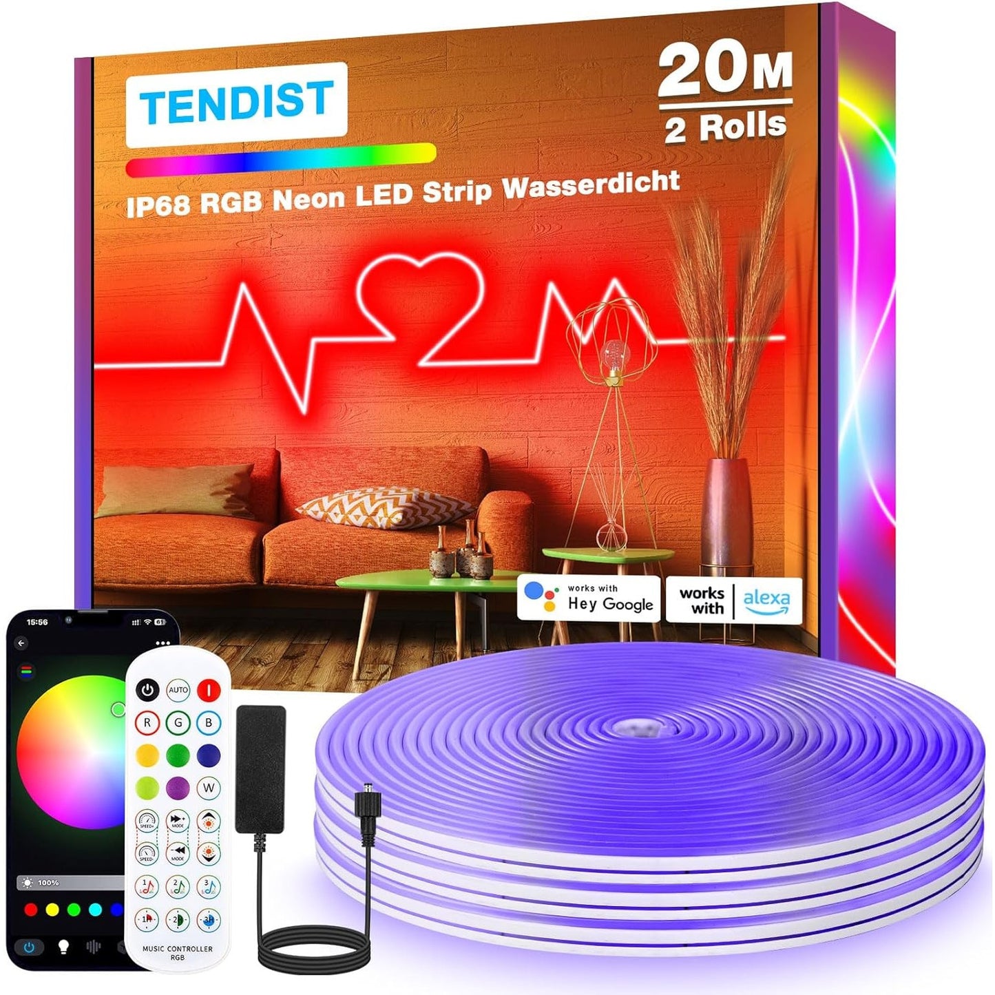TENDIST 20 m RGB IP68 Neon Flexible LED Strip, WiFi Waterproof Outdoor LED Strip Compatible with Alexa, 120 LEDs/Metre, DIY 24 V Neon LED Strip with Sync Music for Bedroom, Parties, Garden