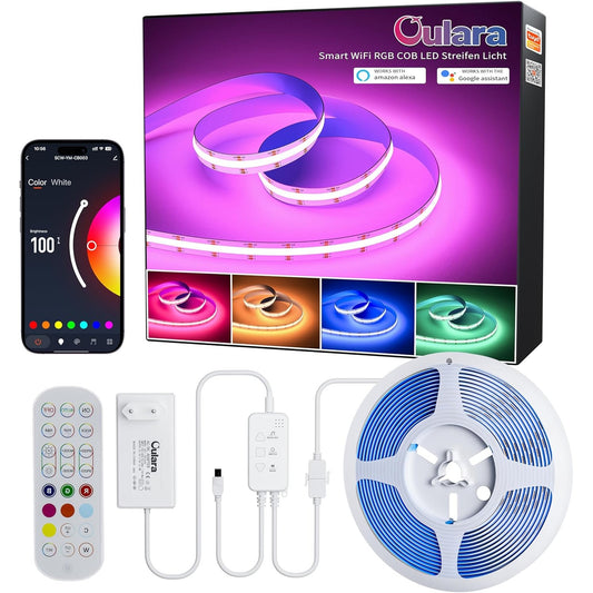 OULARA WIFI RGB COB LED Strip 6M,LED Dimmable Color Changing Light Strip DC24V, Smart Works with Tuya/Alexa/Google Assistant,Multicolor Flexible LED Strip for TV,DIY Party Decoration