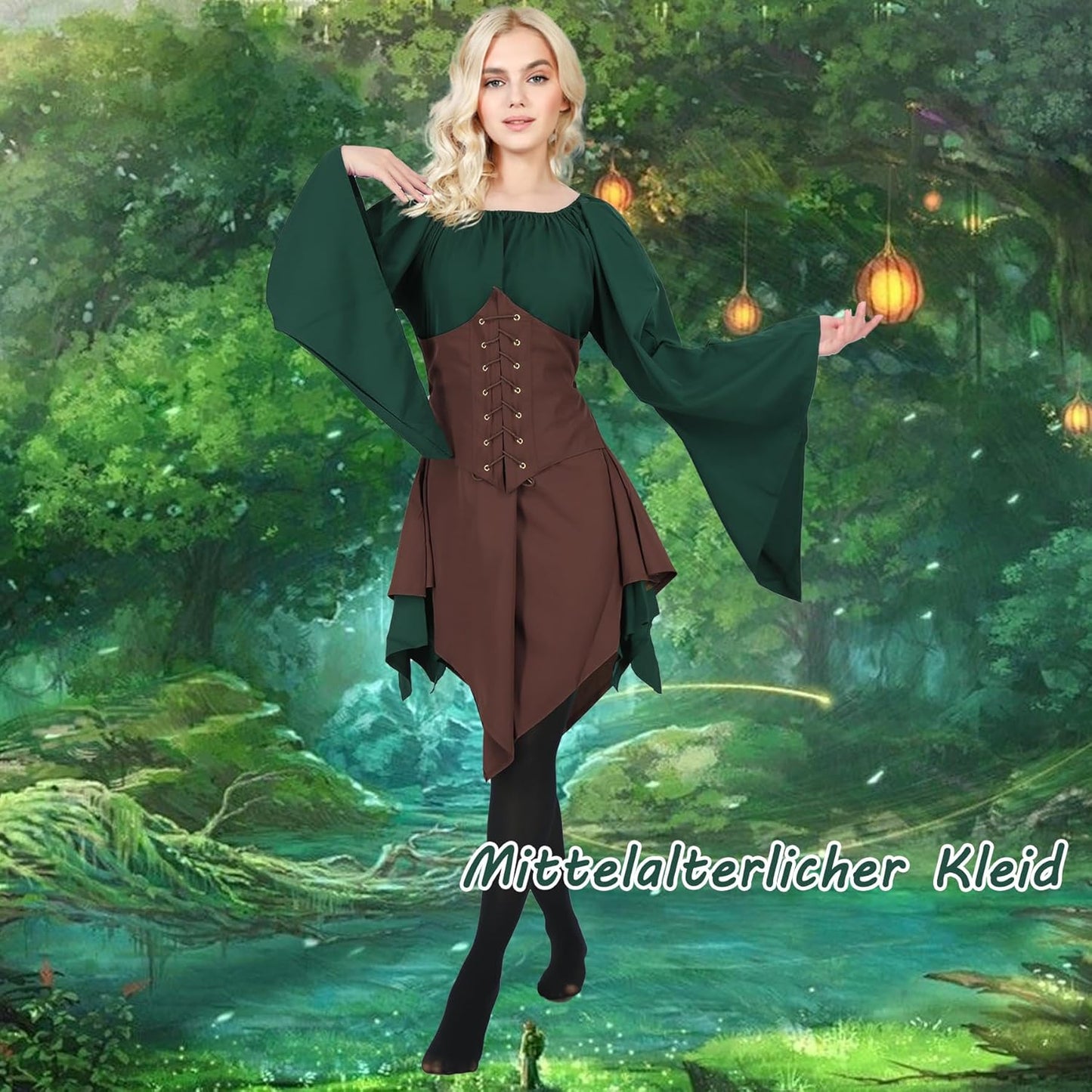 FOVER Medieval Gothic Clothing Women's Traditional Irish Dress Renaissance Green Dresses Carnival Halloween Costume Pirate Cosplay Outfit with Head Chain Flower Wreath Elf Ears Overknee Socks