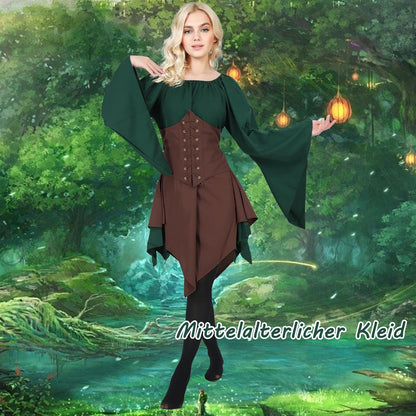 FOVER Medieval Gothic Clothing Women's Traditional Irish Dress Renaissance Green Dresses Carnival Halloween Costume Pirate Cosplay Outfit with Head Chain Flower Wreath Elf Ears Overknee Socks