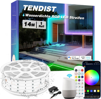 TENDIST 14 m IP67 RGB LED Strip Outdoor Waterproof Smart LED Strip Compatible with Alexa and Google Assistant, WiFi Outdoor LED Strip 24 V for Balcony, Festiva, Terrace