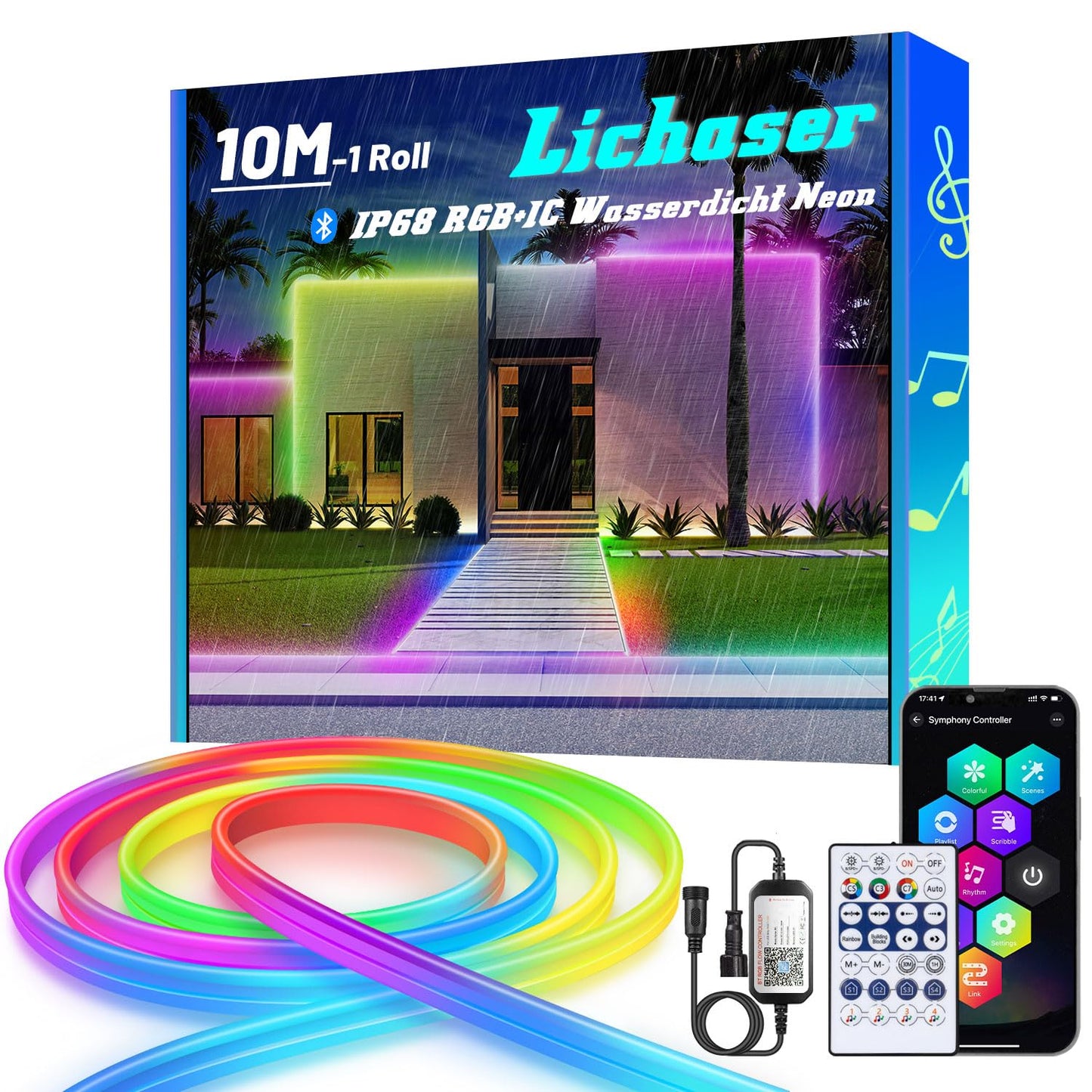 Lichaser 20 m RGB+IC Flexible Neon LED Strip Outdoor, Bluetooth Outdoor IP68 Neon LED Strip Sync with Music, 24 V DIY LED Strip Light Outdoor Waterproof for Patio, Garden Lighting (10 m x 2)