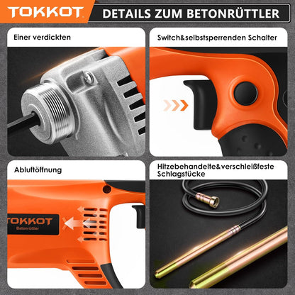 Vibrator electric TOKKOT pentru beton, 1300 W, tija de cupru 1,5 m