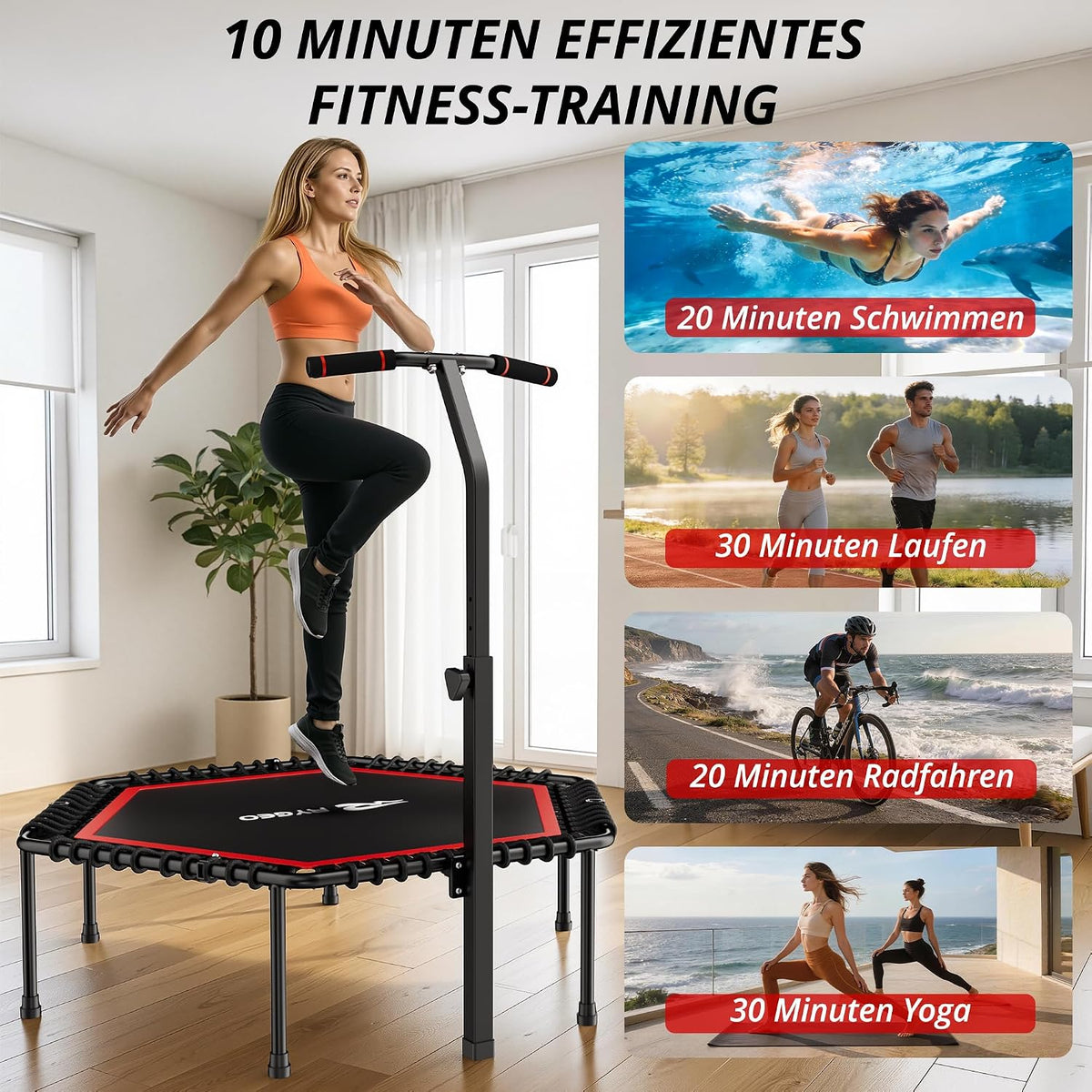 Trambulina fitness RYGEO pentru adulti, 127 cm, neagra, sarcina maxima 230 kg
