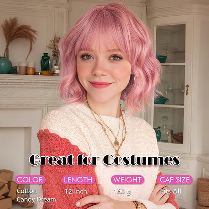 Peruca SOFEIYAN Bob Wavy Pink 30 cm, breton, fibra termorezistenta
