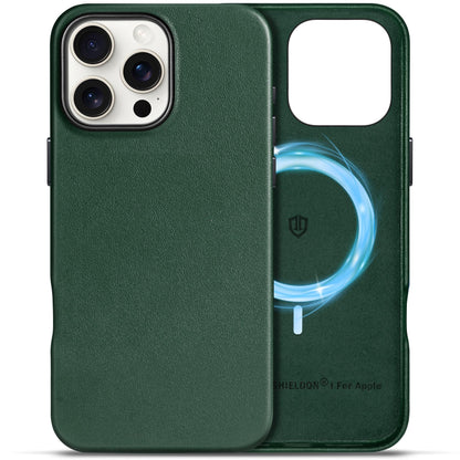 SHIELDON Case for iPhone 16 Pro 6.3" 2024, Genuine Leather, Magnetic Wireless Charging, Slim Fit, Non-Slip, Metal Button, Shockproof Protective Case Compatible with iPhone 16 Pro - Nappa Saddle Brown