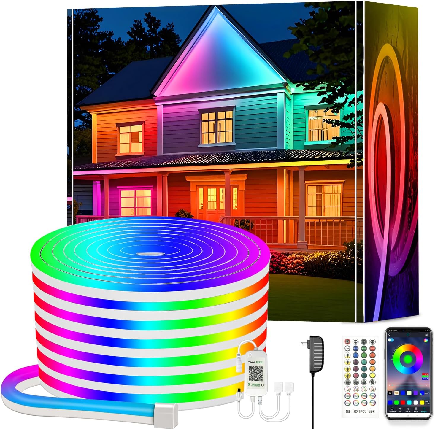 calflux Neon LED Strip 10 m, RGB Strip Fairy Lights, IP65 Waterproof LED Strip with Bluetooth Remote Control, 24 V LED Strip Colour Changing for Bedroom, Room, Indoor and Outdoor Decoration
