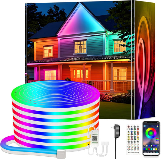 calflux Neon LED Strip 10 m, RGB Strip Fairy Lights, IP65 Waterproof LED Strip with Bluetooth Remote Control, 24 V LED Strip Colour Changing for Bedroom, Room, Indoor and Outdoor Decoration