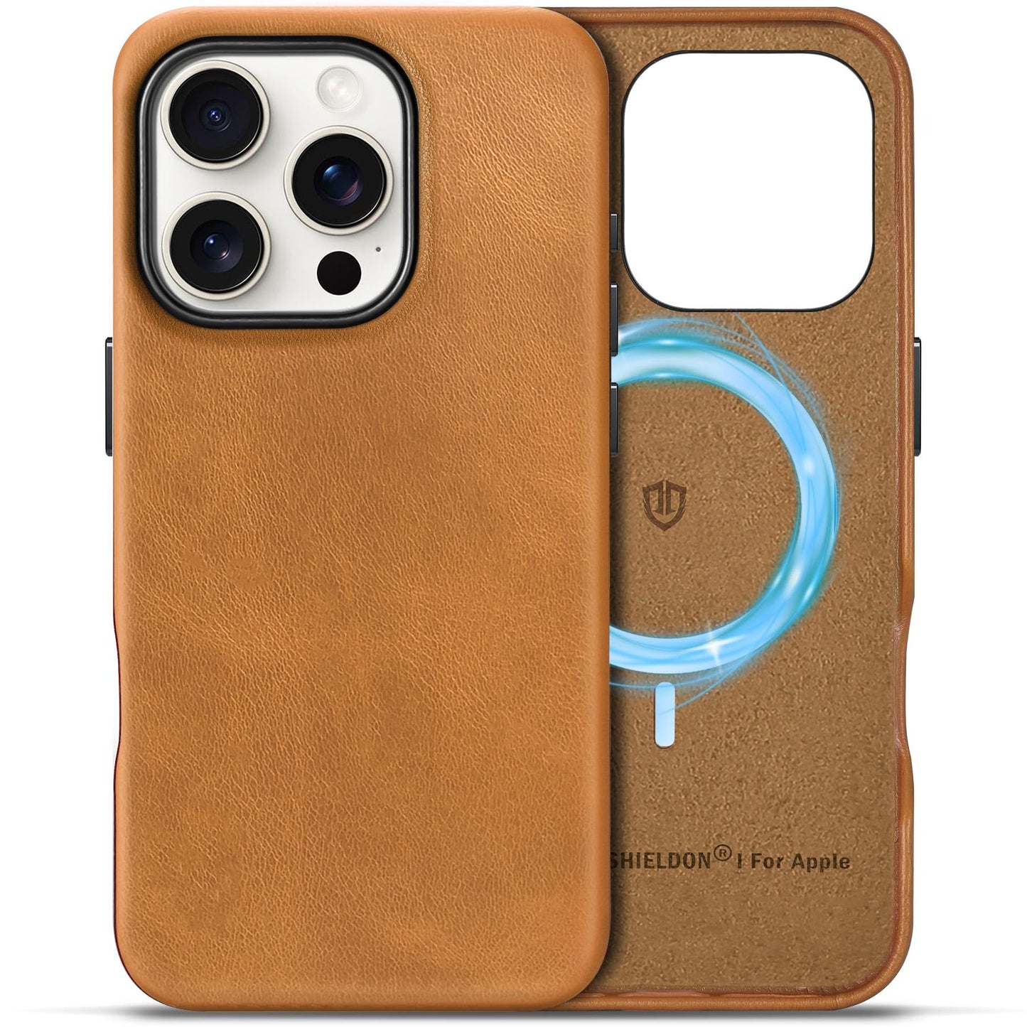 SHIELDON Case for iPhone 16 Pro 6.3" 2024, Genuine Leather, Magnetic Wireless Charging, Slim Fit, Non-Slip, Metal Button, Shockproof Protective Case Compatible with iPhone 16 Pro - Nappa Saddle Brown