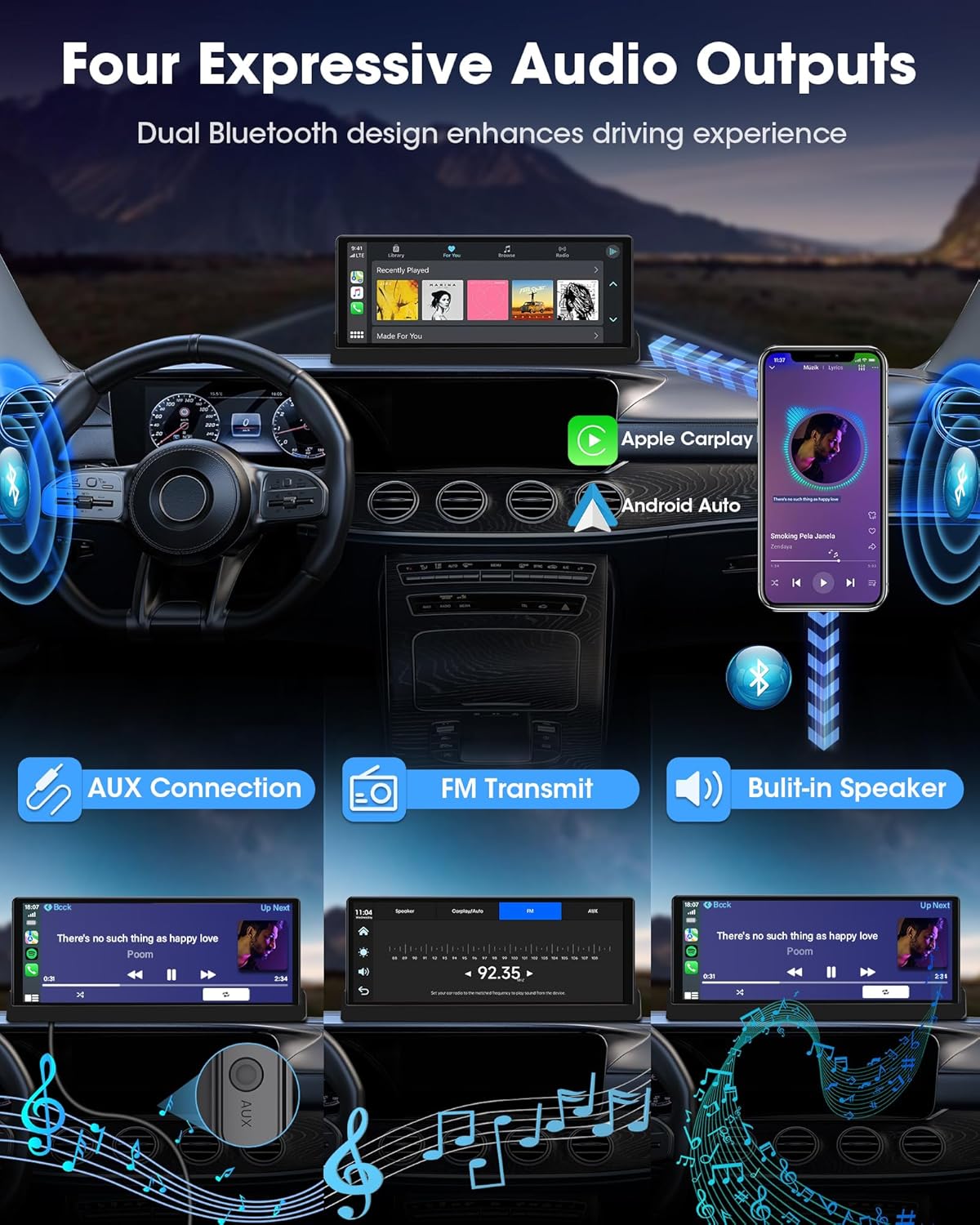 Navigatie Auto 10.26 inch cu Apple CarPlay si Android Auto, Ecran Multimedia Masina cu GPS, Bluetooth, Wi-Fi, Control Vocal Siri/Google, Montaj cu Suport Baza, Actualizare OTA – Model 2025