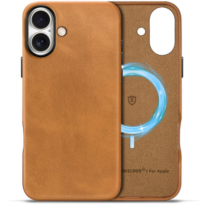 SHIELDON Case for iPhone 16 Pro 6.3" 2024, Genuine Leather, Magnetic Wireless Charging, Slim Fit, Non-Slip, Metal Button, Shockproof Protective Case Compatible with iPhone 16 Pro - Nappa Saddle Brown