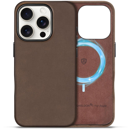 SHIELDON Case for iPhone 16 Pro 6.3" 2024, Genuine Leather, Magnetic Wireless Charging, Slim Fit, Non-Slip, Metal Button, Shockproof Protective Case Compatible with iPhone 16 Pro - Nappa Saddle Brown