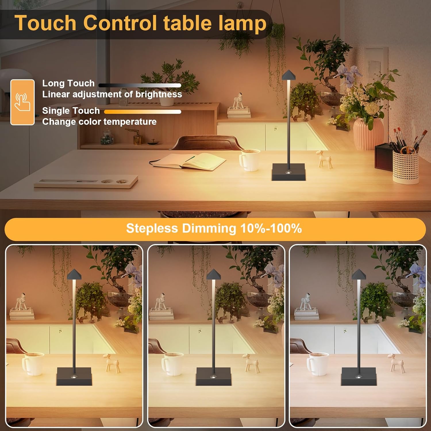 Aipsun 2 Stück LED Dimmbare Akku Tischlampe Kabellose Anthrazit, Wiederaufladbar Warme Lichtfarbe 2700K/4000K/6000K Tischleuchte mit USB-C, Aluminium, IP54 Wasserdichte