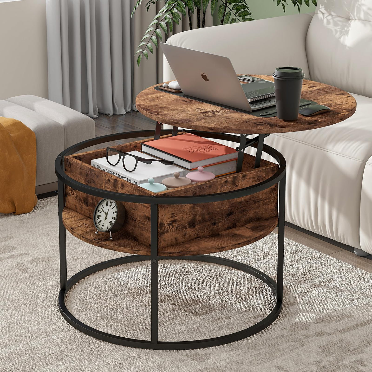 Masa cafea HOJINLINERO rotunda reglabila cu spatiu de depozitare