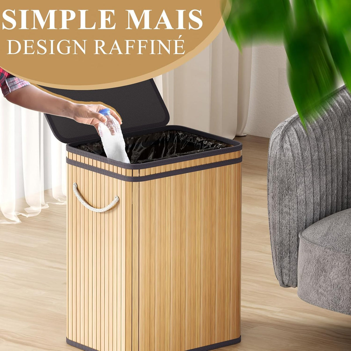 Cos de gunoi Mihoho din bambus cu capac, 80 L, kaki