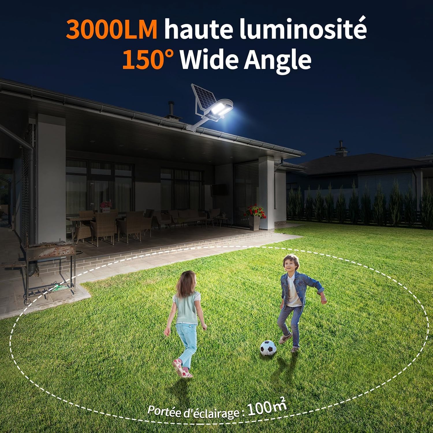 intelamp Outdoor Solar Street Light, Dual Motion Sensor, 12500 mAh 3000 lm Super Bright Outdoor Solar Spotlight with Remote Control, 4 Modes Outdoor Solar Lamp