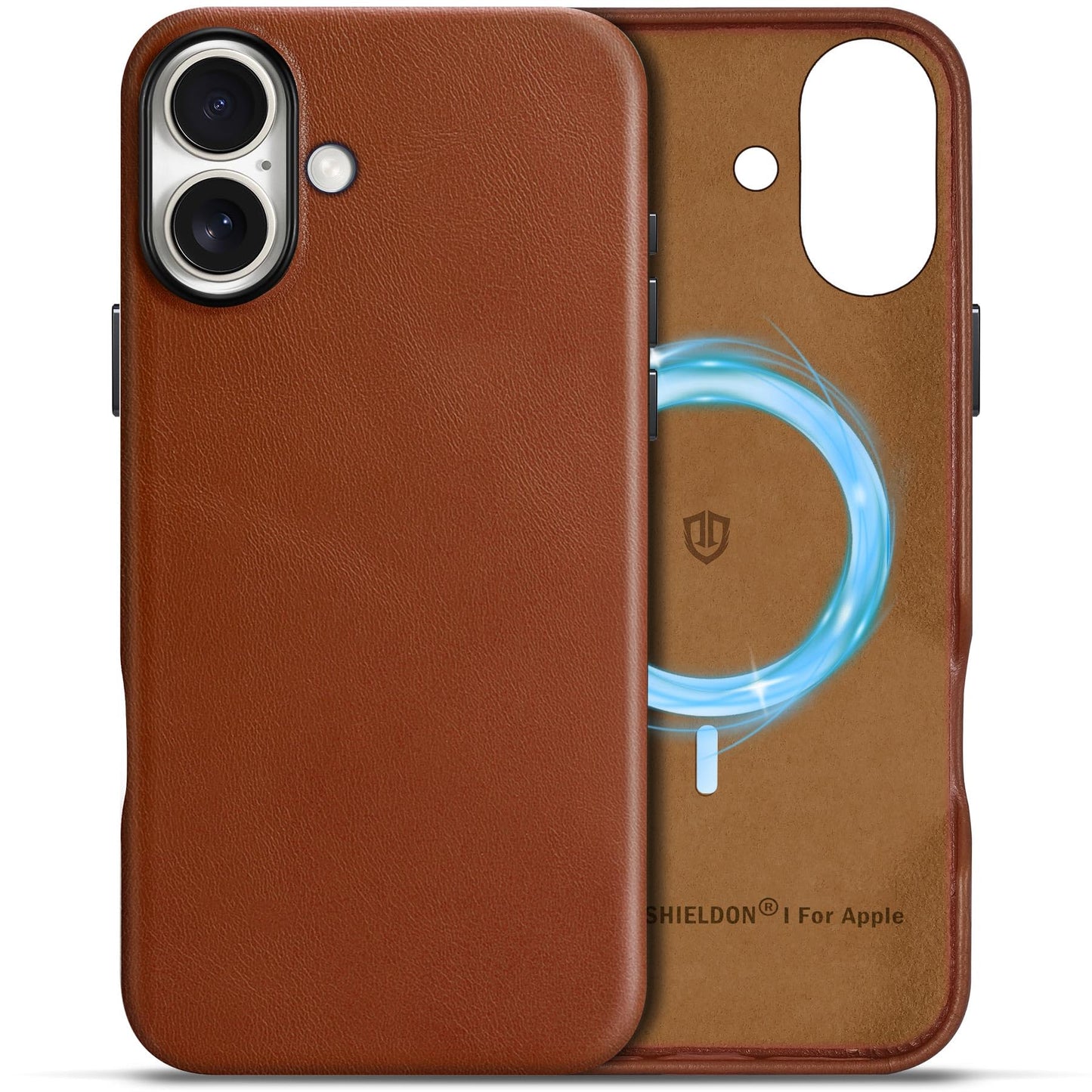 SHIELDON Case for iPhone 16 Pro 6.3" 2024, Genuine Leather, Magnetic Wireless Charging, Slim Fit, Non-Slip, Metal Button, Shockproof Protective Case Compatible with iPhone 16 Pro - Nappa Saddle Brown