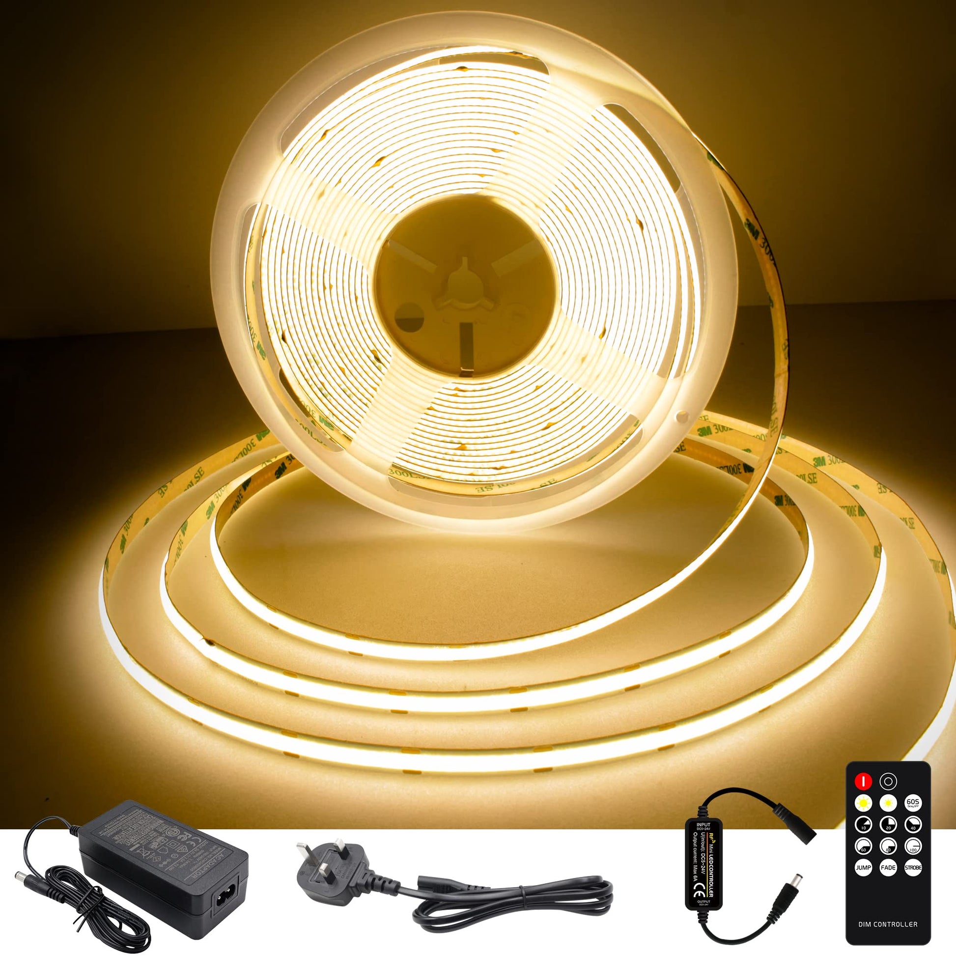TTWAY COB LED Strip Lights 2700K, Dimmable LED Strip Kit, Super Bright 24V LED Tape Lights CRI90+ with RF Remote and UKCA Power Supply for DIY Home Decoration, 3M, 1440LEDs, Warm White.