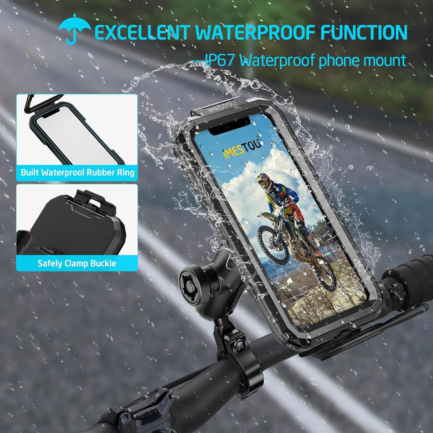 iMESTOU IP66 Waterproof Bicycle Mobile Phone Holder with 2.5 cm Ball Head, Suitable for RAM B Components / 2.5 cm Double Socket Arms, Suitable for 3.5 - 6.1 Inch Mobile Phones with Max. Thickness 1.1