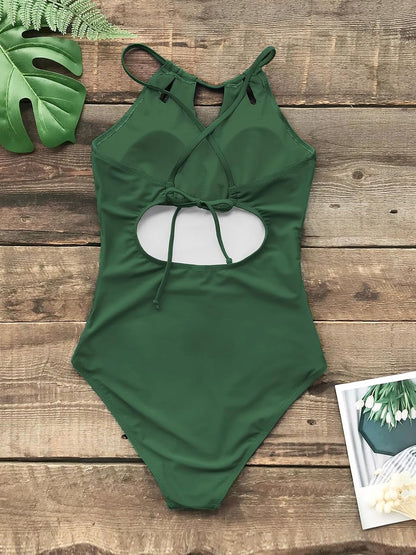 Costum de baie dama CUPSHE cu guler inalt, decupaje decorative si volane, marimea M, verde