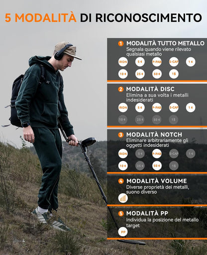 SUNPOW Metal Detector Professional Set, IP68 Waterproof Coil, Identifies 9 Types of Metals, High Accuracy, 10 Inch Detection Depth, 5 Modes, Strong Anti-Interference, Suitable for Adults and Children