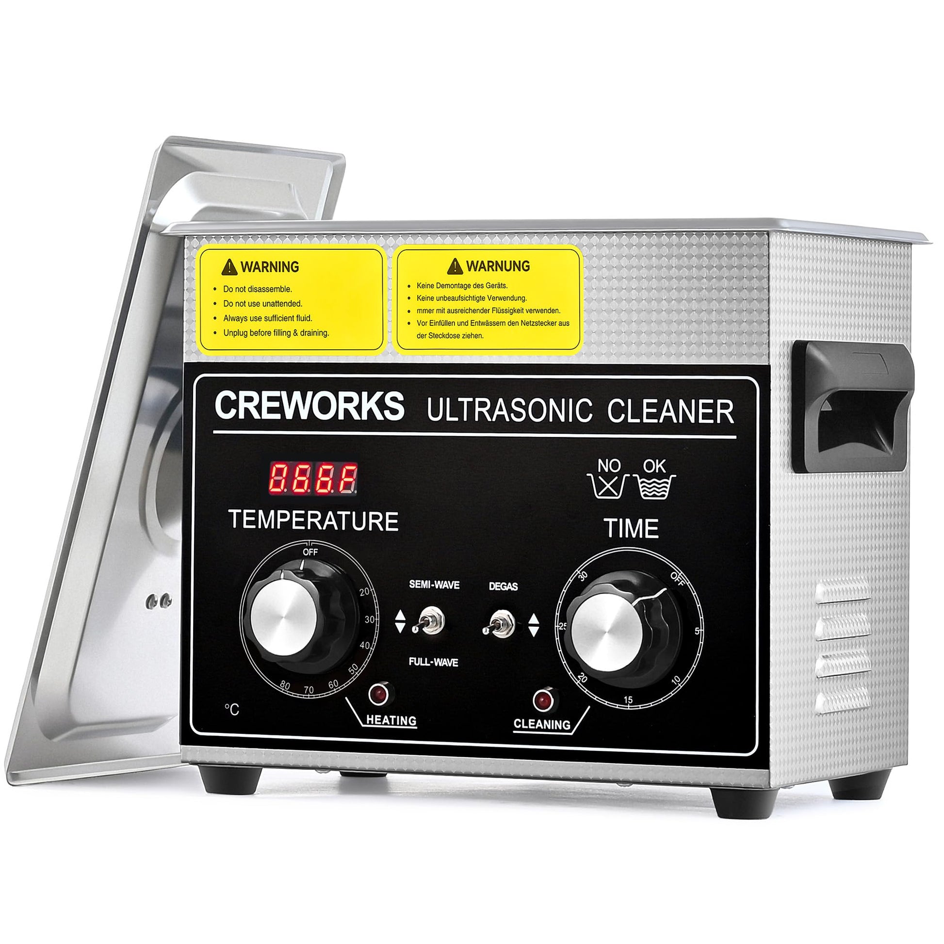 CREWORKS Ultrasonic Cleaning Device Stainless Steel 1.3 L Ultrasonic Cleaner with Heating Timer Ultrasonic Cleaner for Dentures Jewellery Glasses Watches Glasses Ultrasonic Cleaning Device with