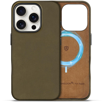 SHIELDON Case for iPhone 16 Pro 6.3" 2024, Genuine Leather, Magnetic Wireless Charging, Slim Fit, Non-Slip, Metal Button, Shockproof Protective Case Compatible with iPhone 16 Pro - Nappa Saddle Brown