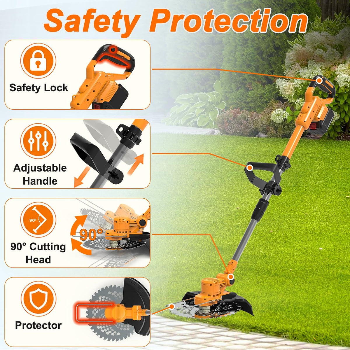 Motocoasa electrica YUIOIBUC 21V cu 2 baterii 4.0 Ah pentru gradina Portocaliu