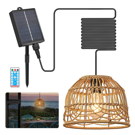 Lampa solara suspendata din ratan pentru exterior, cu telecomanda, IP65 si incarcare USB