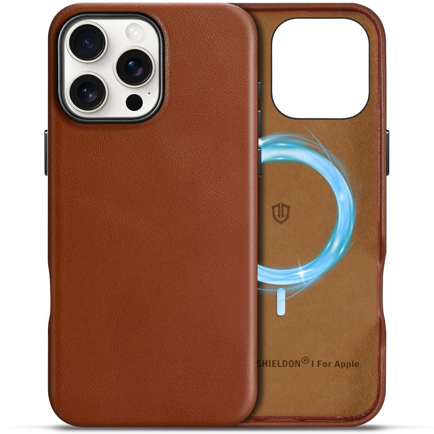 SHIELDON Case for iPhone 16 Pro 6.3" 2024, Genuine Leather, Magnetic Wireless Charging, Slim Fit, Non-Slip, Metal Button, Shockproof Protective Case Compatible with iPhone 16 Pro - Nappa Saddle Brown