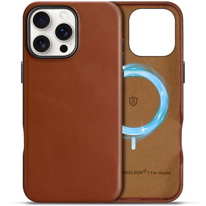 SHIELDON Case for iPhone 16 Pro 6.3" 2024, Genuine Leather, Magnetic Wireless Charging, Slim Fit, Non-Slip, Metal Button, Shockproof Protective Case Compatible with iPhone 16 Pro - Nappa Saddle Brown