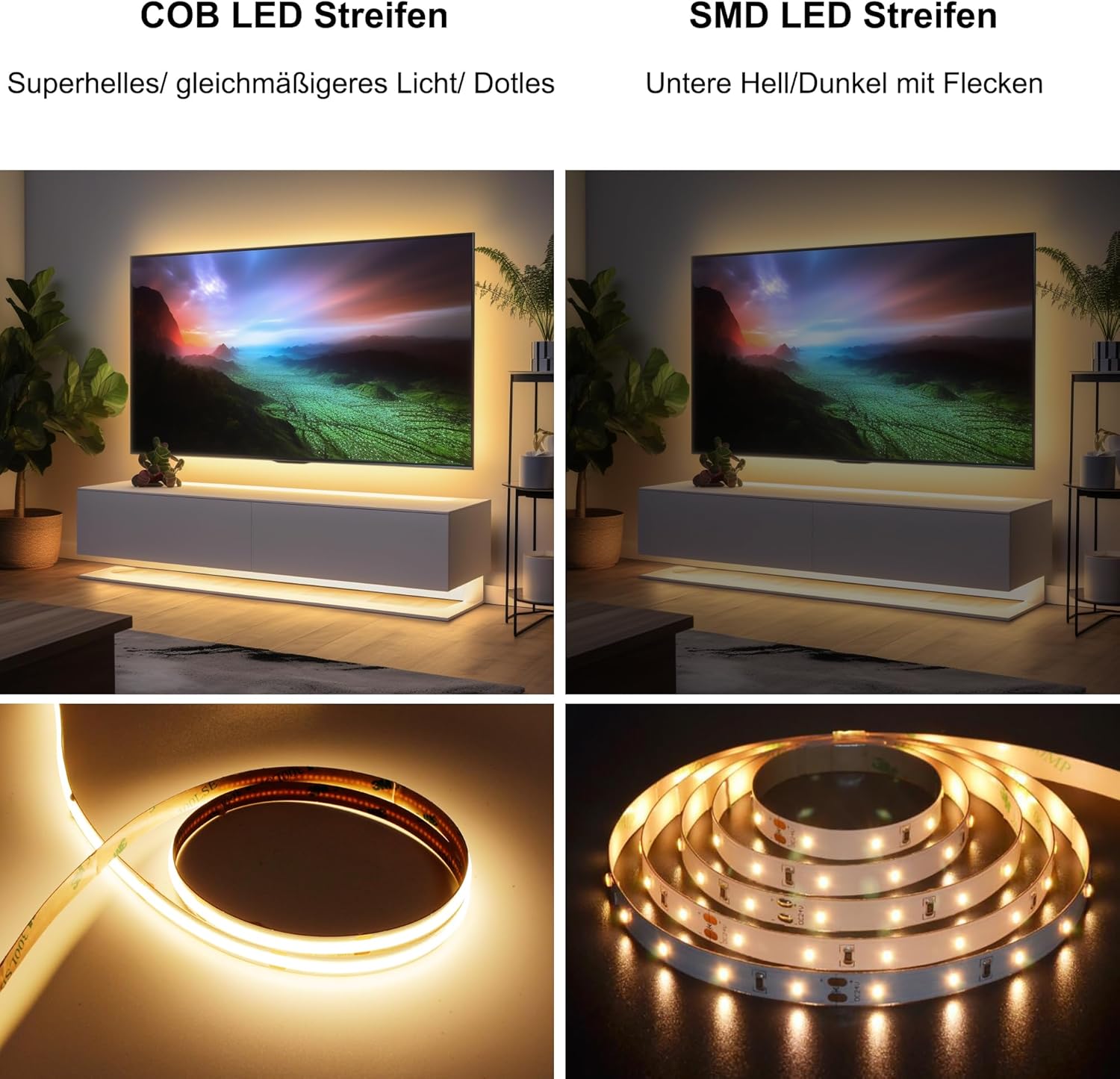 AXMOTUT COB LED Strip 10 m, Warm White 2700 K 24 V 320 LEDs/M CRI90 LED Strip Light, Dimmable LED Strip with Power Supply, for Home Party Decoration, DIY Decoration
