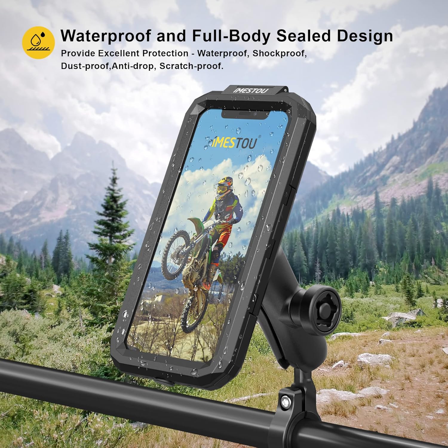 iMESTOU Waterproof IP67 Motorcycle Phone Mount, Bike Mount with 1" Dual Ball Base Arms (S- for 3.5-6.1" Phones)