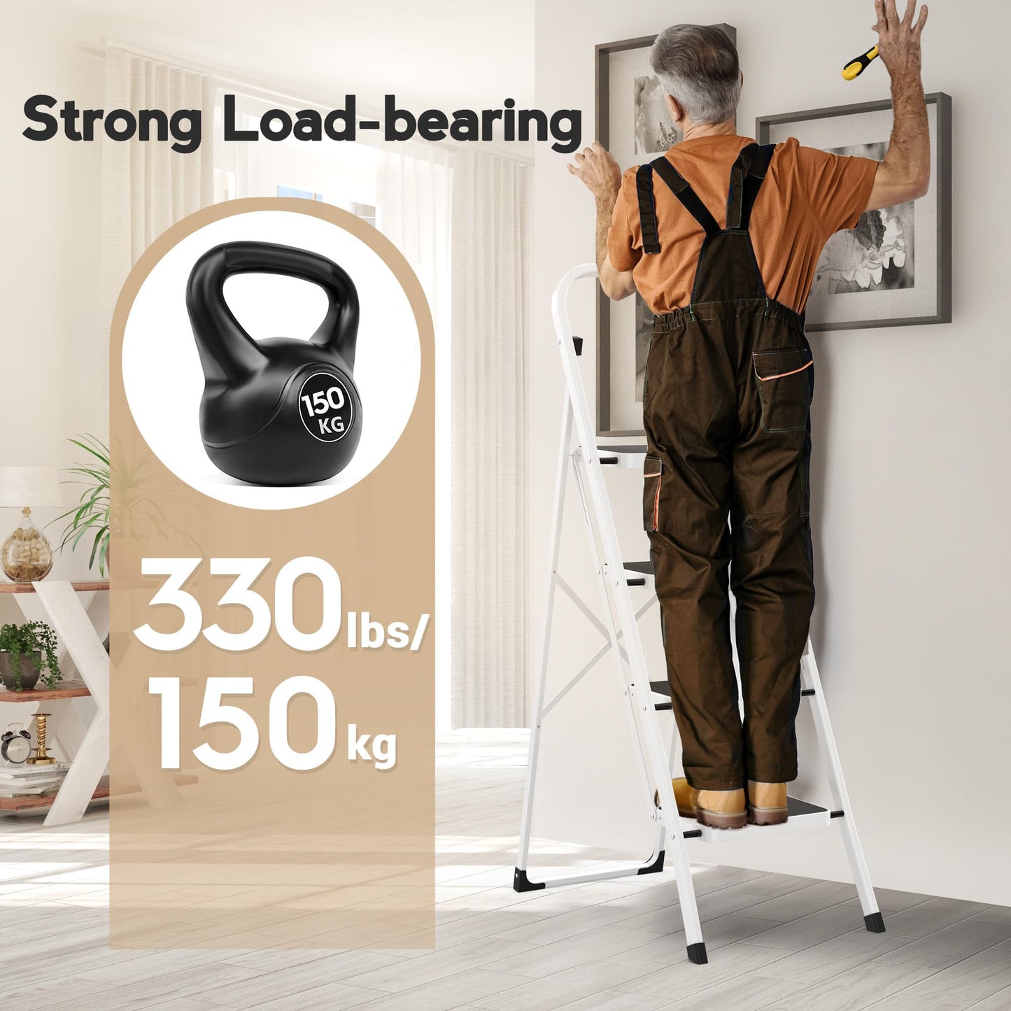 Scara pliabila HBTower KQ-SL-4-WH 4 trepte 150 kg alba