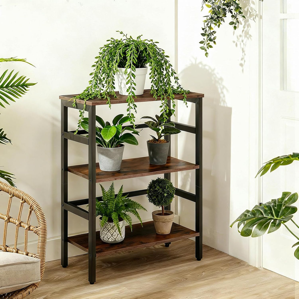 Etajera tip scara HOOBRO cu 3 niveluri, 60 x 28 x 81 cm, maro rustic si negru