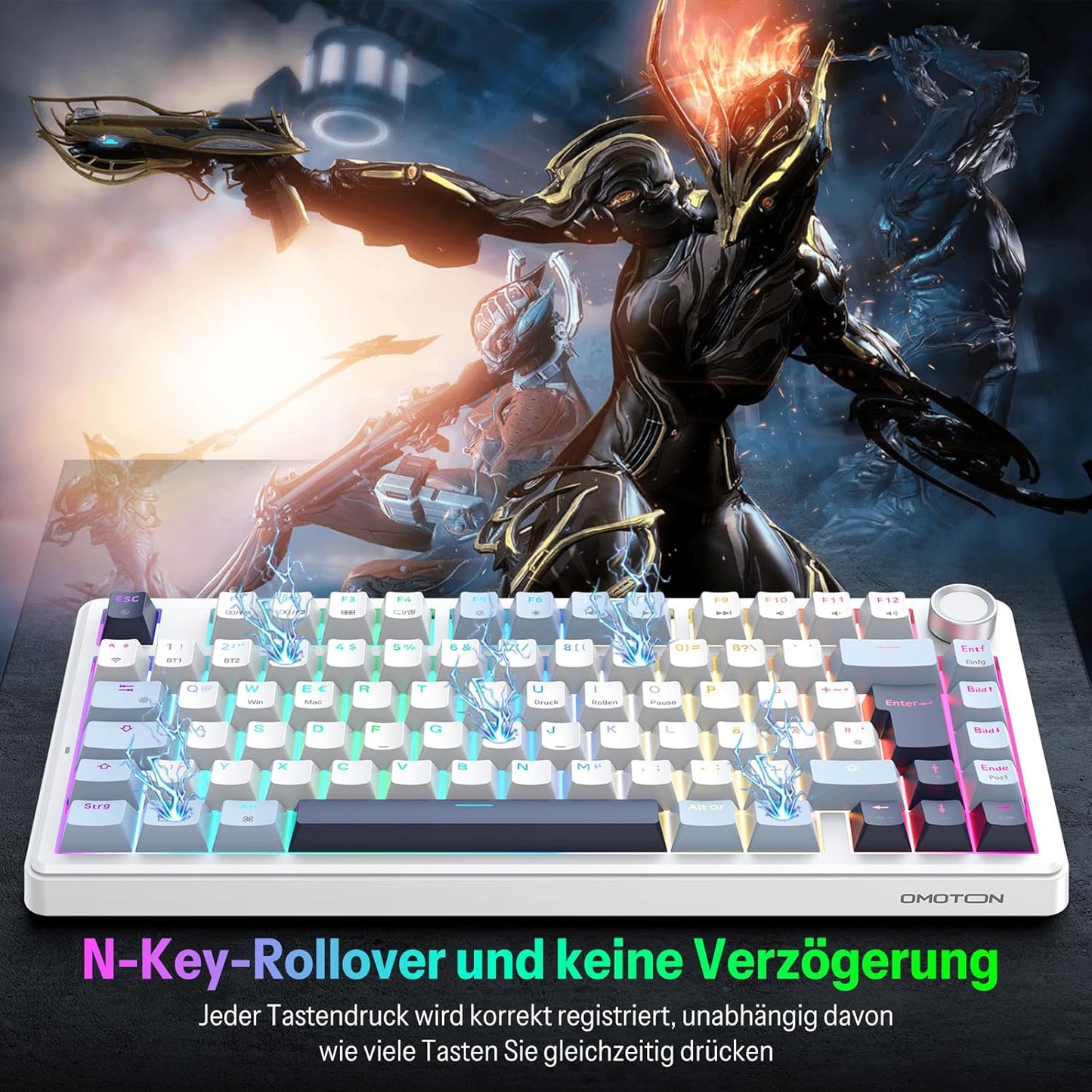 OMOTON Mechanical Keyboard Gaming Gasket QWERTZ ISO-DE Layout, Hot-Swap Wireless Gamer Keyboard 75% RGB with Five Layer Attenuation & Button, Bluetooth/2.4G/USB-C, Creamy Linear Switch, MK211