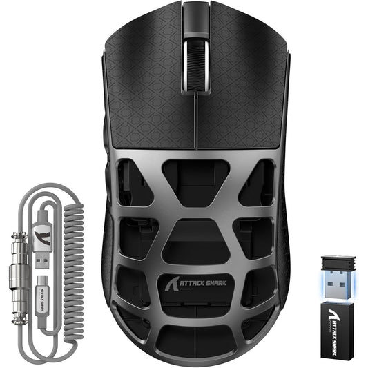 ATTACK SHARK R3PRO 46g Superlight Magnesium Alloy Mouse, 8000Hz Wireless Polling Rate, 26000 DPI, 2.4G/BT/Wired Gaming Mouse, PixArt PAW3395 Sensor G502, with Coiled Cable, PC/Mac, Grey