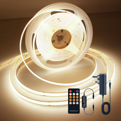 TTWAY COB LED Strip Lights 2700K, Dimmable LED Strip Kit, Super Bright 24V LED Tape Lights CRI90+ with RF Remote and UKCA Power Supply for DIY Home Decoration, 3M, 1440LEDs, Warm White.