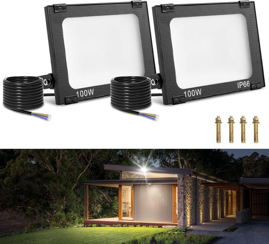 Viugreum 2 Pack 100 W LED Outdoor Floodlight, 8000 lm, IP65, Outdoor Spotlight, 5000 K, Floodlight, Cool White Spotlight, Floodlight with 50 cm Cable for Backyard, Driveway, Garage, Hallway