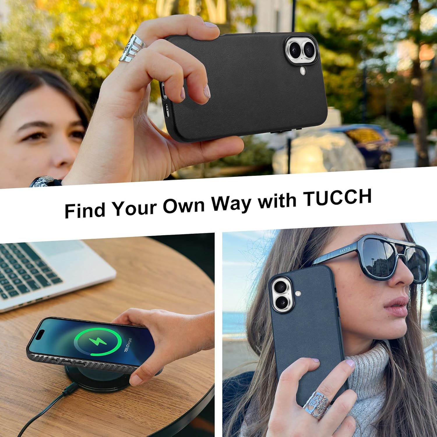 TUCCH Case for iPhone 16, [Magnetic Wireless Charging] Anti-Slip PU Leather Shockproof Phone Case, Slim Anti-Fingerprint Lightweight Protective Back Cover Compatible with iPhone 16 6.1" 2024, Black