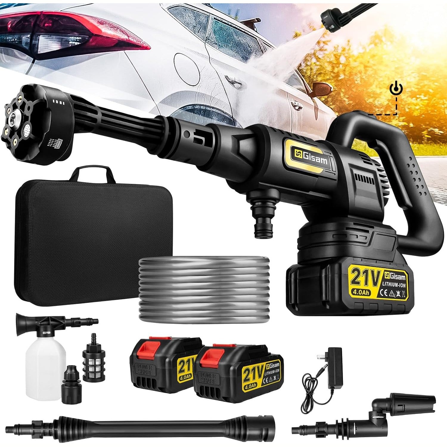 Battery Pressure Washer, Gisam Pressure Washer, Mobile Pressure Washer with 2 x 4.0Ah Batteries, 3-Speed Mode Max 65Bar, 6-in-1 Nozzle, 180° Rotating Nozzle, Foam Sprayer, 5 m Hose, Cleaning