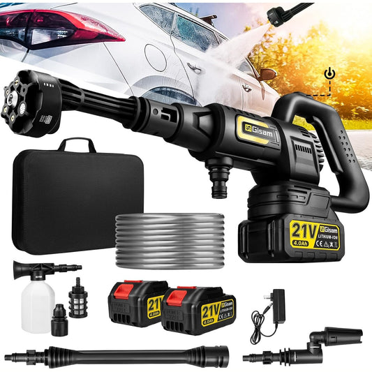 Battery Pressure Washer, Gisam Pressure Washer, Mobile Pressure Washer with 2 x 4.0Ah Batteries, 3-Speed Mode Max 65Bar, 6-in-1 Nozzle, 180° Rotating Nozzle, Foam Sprayer, 5 m Hose, Cleaning