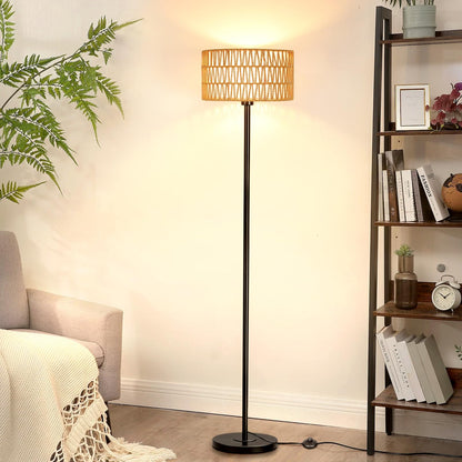 Lampa de podea Qingmiao Rattan Boho LED 8W baza metalica neagra