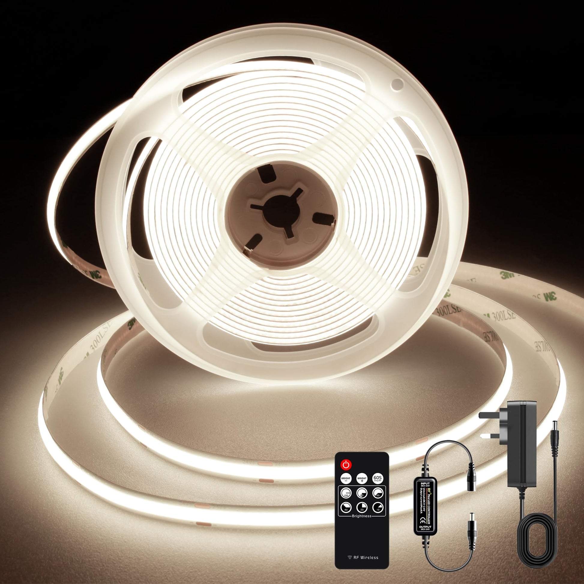 TTWAY COB LED Strip Lights 2700K, Dimmable LED Strip Kit, Super Bright 24V LED Tape Lights CRI90+ with RF Remote and UKCA Power Supply for DIY Home Decoration, 3M, 1440LEDs, Warm White.