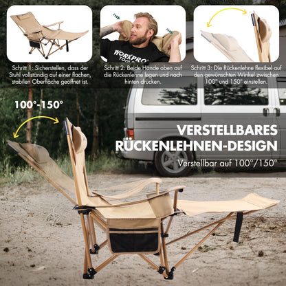 Scaun camping VILLEY pliabil cu suport picioare 150 kg kaki