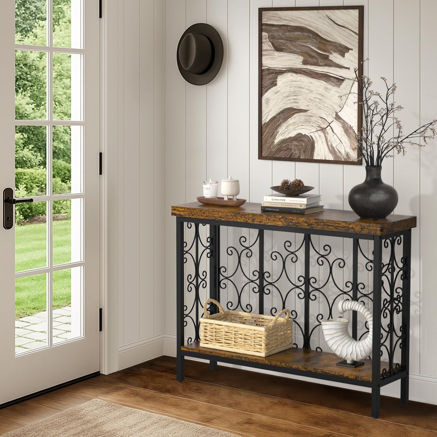 Comoda cu design industrial 108 cm, 2 niveluri, rustic brown