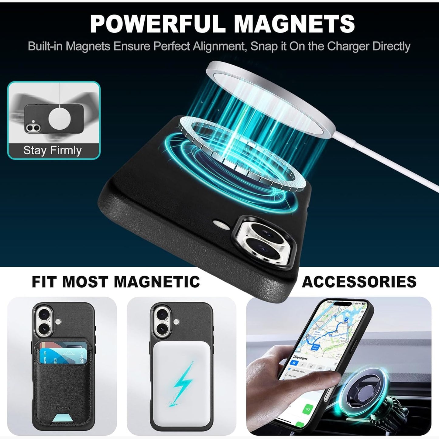 TUCCH Case for iPhone 16, [Magnetic Wireless Charging] Anti-Slip PU Leather Shockproof Phone Case, Slim Anti-Fingerprint Lightweight Protective Back Cover Compatible with iPhone 16 6.1" 2024, Black