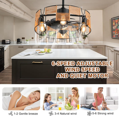Ganeed Ceiling Fans with Lights Industrial Style Farmhouse 49cm Chandeliers Boho Rattan Caged Lamp Hanging Pendant E27 with Remote Control Black 4 Lights