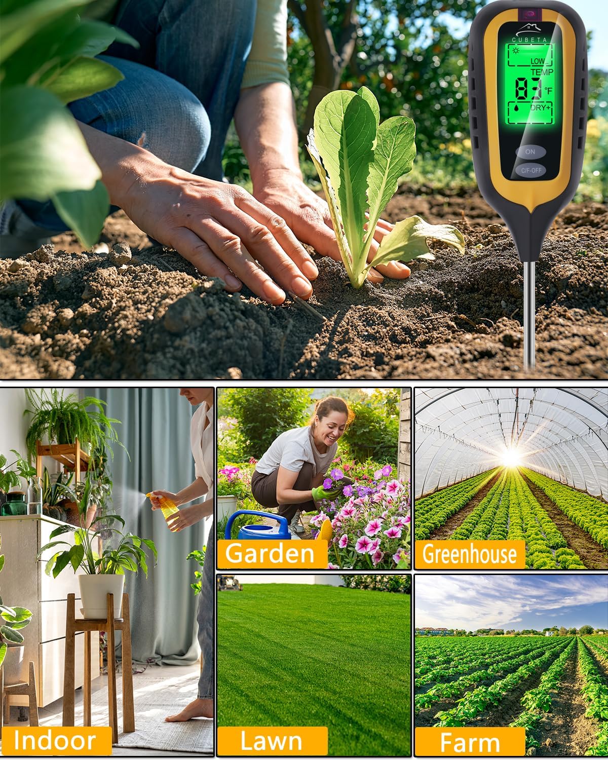 CUBETA Moisture Meter Plants Moisture Meter 4 in 1 Humidity/Temperature/pH/Light for Gardening, Lawn, Indoor Plants (Yellow)